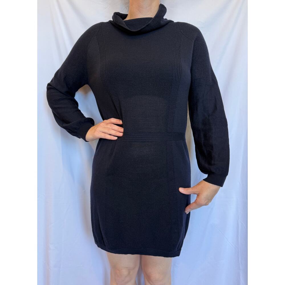 Tse Navy Blue Lightweight Wool Mini Sweater Dress, Funnel Neck, Oversized XS